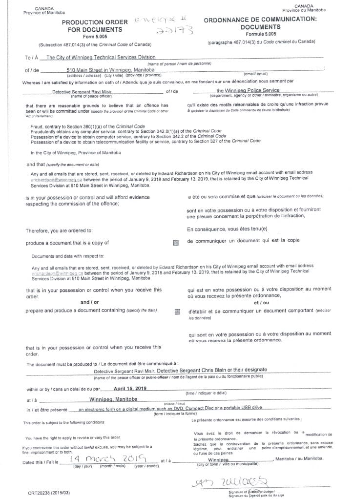 Image of the first page of the March 14, 2019 production order