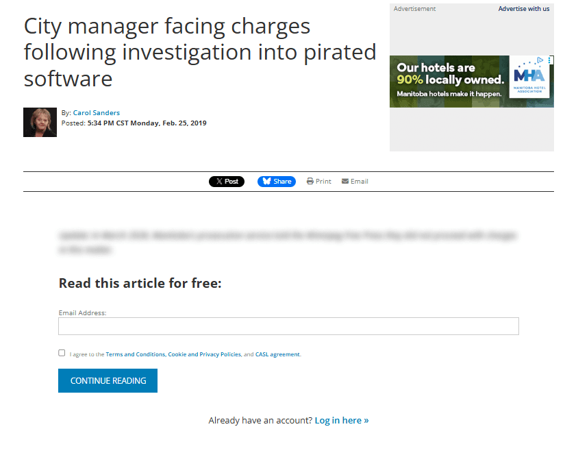 Screenshot of Winnipeg Free Press article page now showing 'Read this article for free' registration prompt requiring email login to continue.